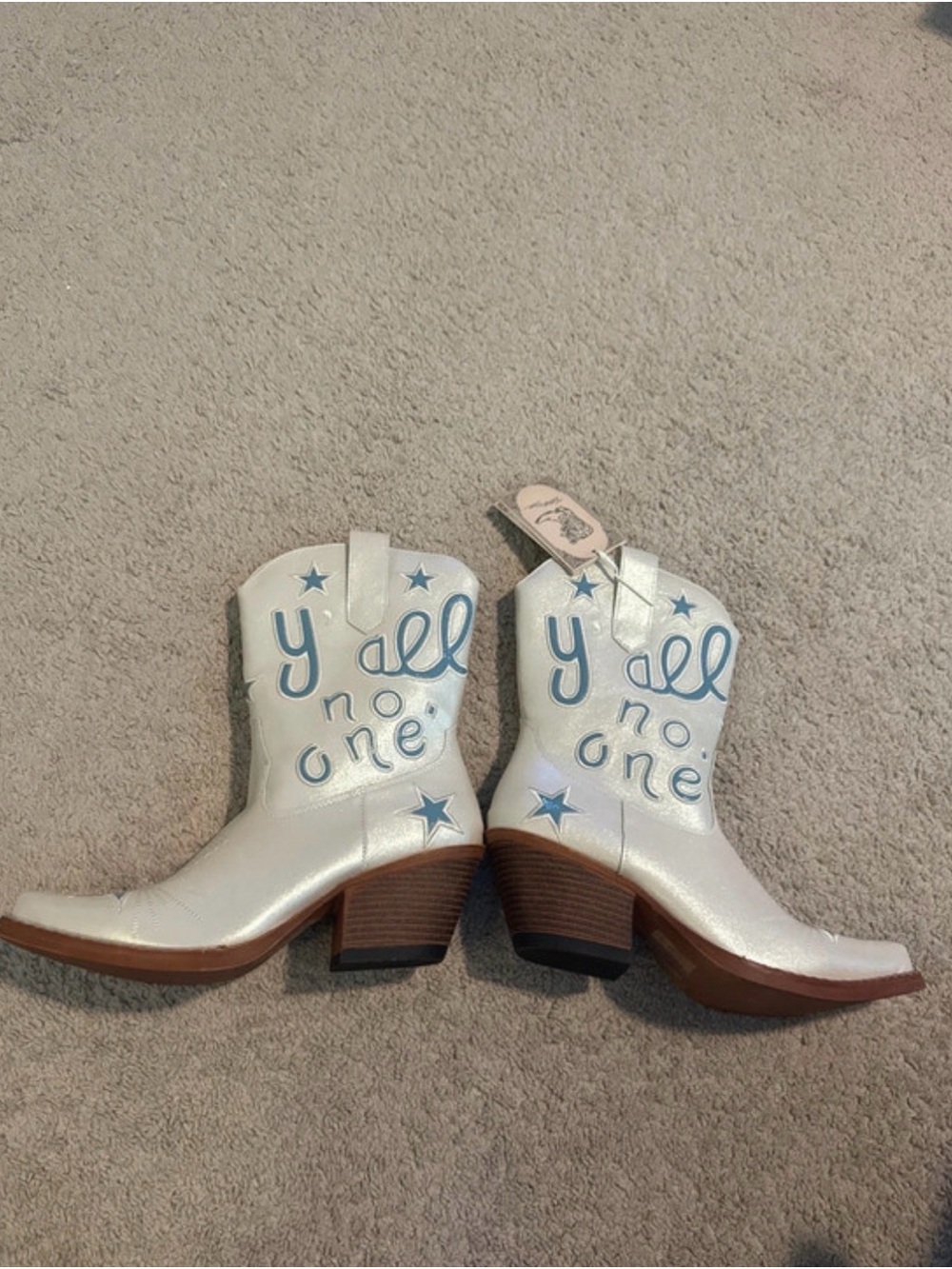 White Womens Cowgirl Boots with Blue Script Accents